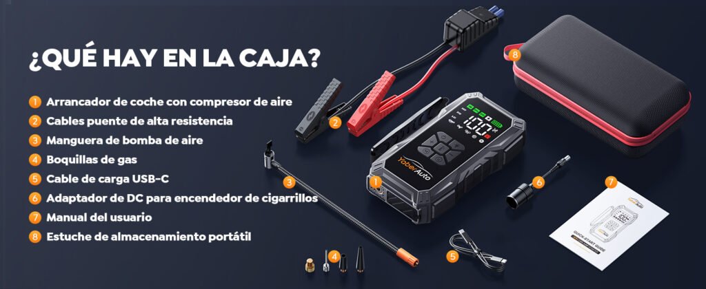 Contenido completo del paquete del YaberAuto AP01: arrancador, cables puente, compresor de aire, boquillas, cable USB-C, adaptador, manual y estuche