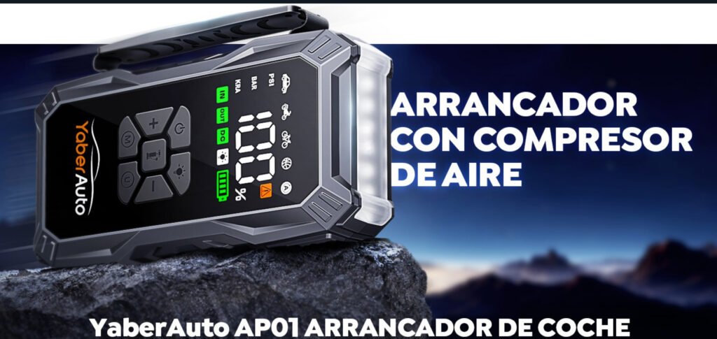 Primer plano del YaberAuto AP01 mostrando su pantalla LCD de 3,3 pulgadas y botones de control para arrancador, inflador y linterna