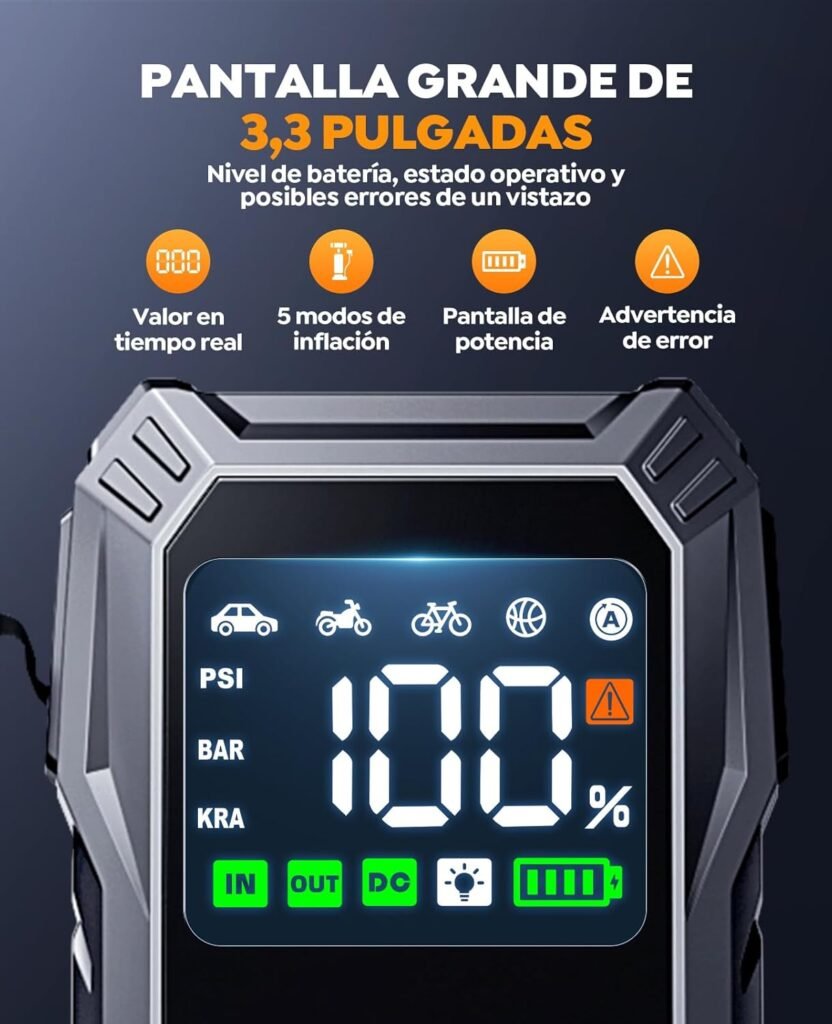 Pantalla digital de 3,3 pulgadas del YaberAuto AP01 con indicadores de batería, modos de inflado, errores operativos y salidas activas