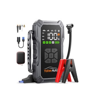 Arrancador de baterías YaberAuto AP01 con compresor integrado, cables de arranque, adaptadores, maletín de transporte y accesorios incluidos