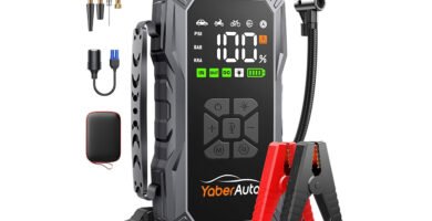 Arrancador de baterías YaberAuto AP01 con compresor integrado, cables de arranque, adaptadores, maletín de transporte y accesorios incluidos