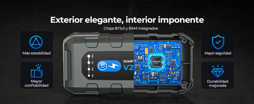 Diseño resistente del TOPDON V2200 PLUS con chips BT5.0 y RAM integrados para mayor seguridad y durabilidad.