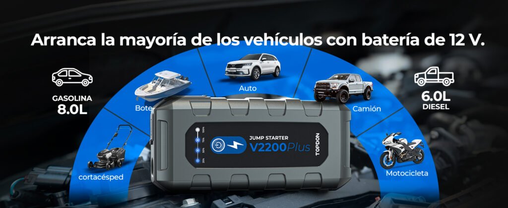 Arrancador TOPDON V2200 PLUS compatible con coches, camiones, motocicletas, botes y cortacésped de hasta 8.0L gasolina y 6.0L diésel.