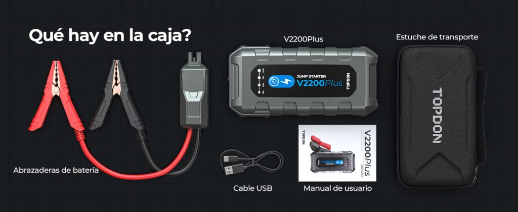 Contenido de la caja del TOPDON V2200 PLUS con estuche, manual, cable USB, abrazaderas y arrancador de batería.