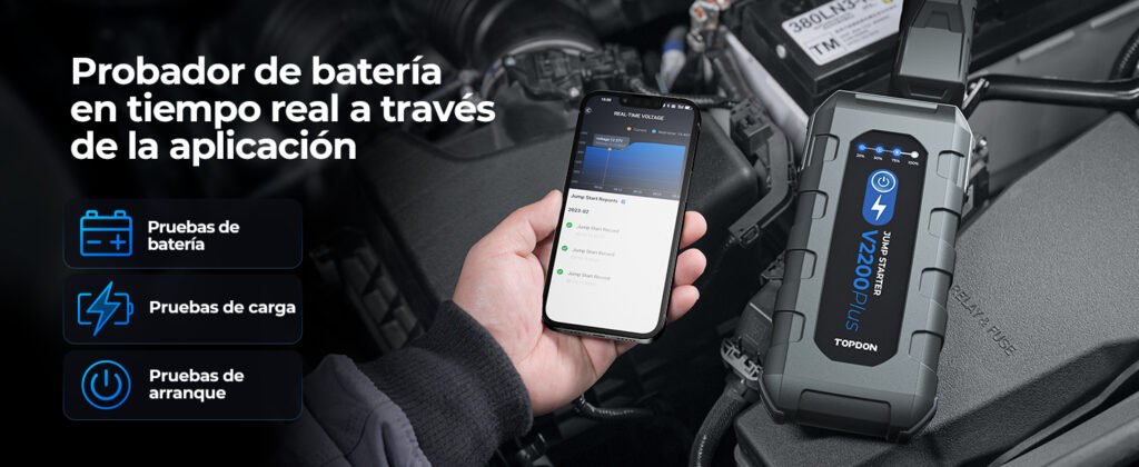 Pruebas de batería, carga y arranque en tiempo real con la app del arrancador TOPDON V2200 PLUS.