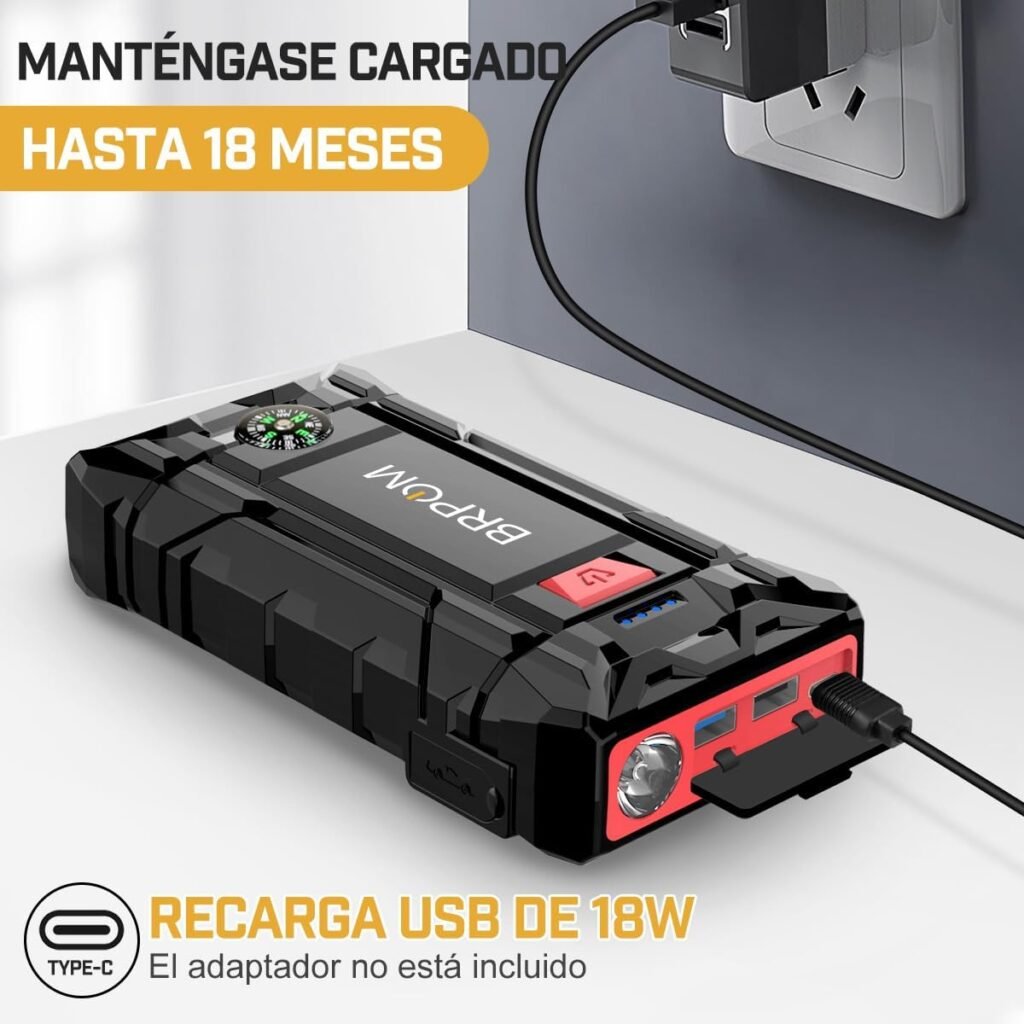 BRPOM BM150 cargando por USB-C, mantiene la batería hasta 18 meses