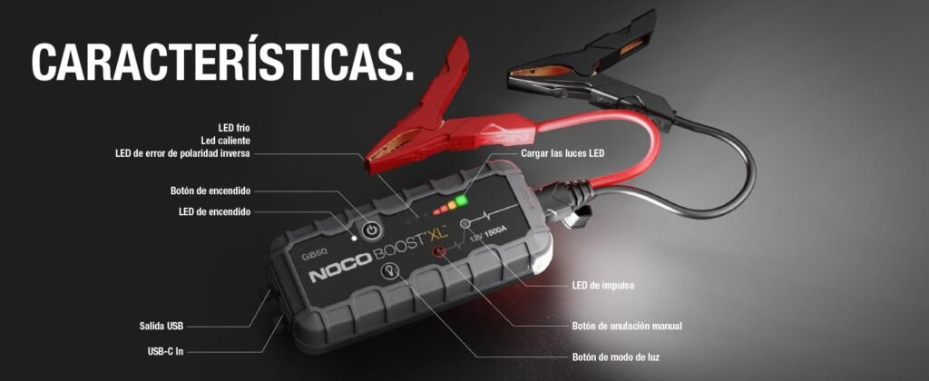 Detalle de las funciones y conexiones del NOCO Boost GB50, con indicadores LED, botón de encendido y salida USB.