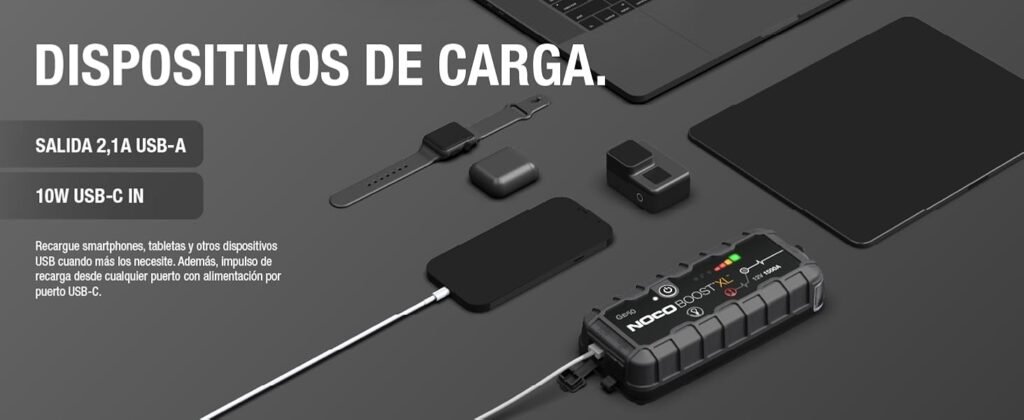 Capacidad de power bank del NOCO GB50 cargando múltiples dispositivos como smartphone, tablet y smartwatch.