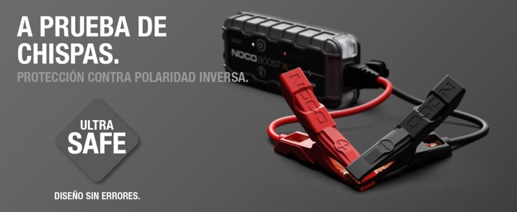 Pinzas inteligentes del NOCO GB50 con sistema de seguridad UltraSafe contra chispas y polaridad inversa.