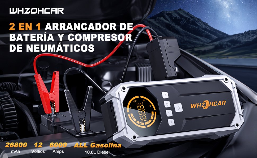 WHZOHCAR R03 conectado a batería de coche mostrando función 2 en 1: arrancador y compresor integrado