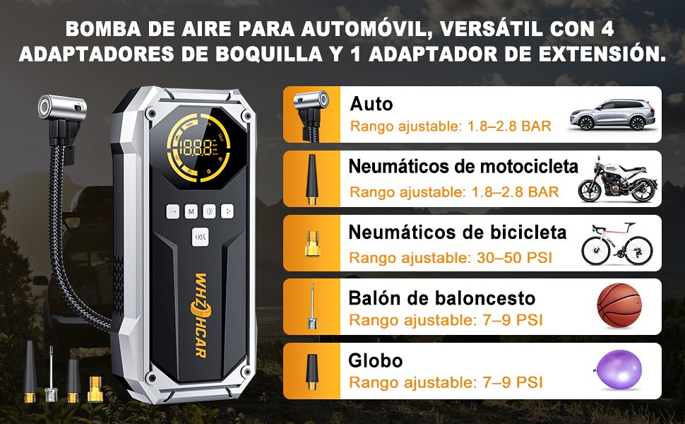 WHZOHCAR R03 inflando coche, moto, bici, balón y globo con sus adaptadores de boquilla incluidos