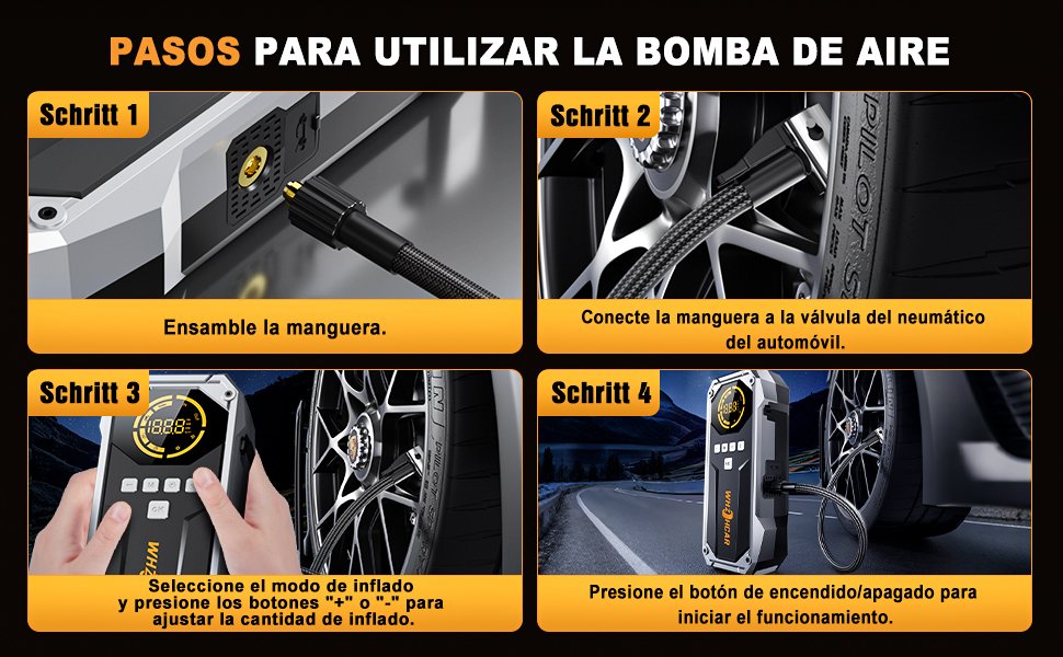 Guía visual paso a paso para inflar neumáticos con el compresor digital del WHZOHCAR R03