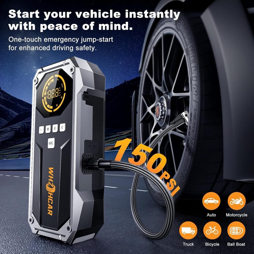 Arrancador WHZOHCAR R03 inflando una rueda de coche con manguera reforzada a 150 PSI de presión máxima