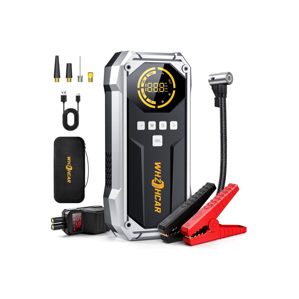 Arrancador WHZOHCAR R03 con compresor, pinzas inteligentes, manguera, adaptadores, estuche, cable USB y pantalla digital