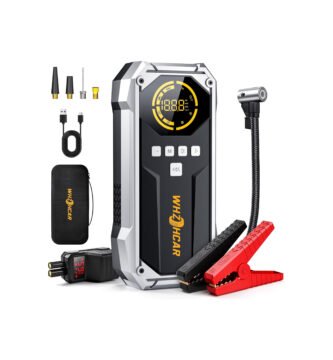 Arrancador WHZOHCAR R03 con compresor, pinzas inteligentes, manguera, adaptadores, estuche, cable USB y pantalla digital