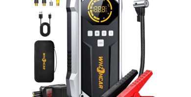 Arrancador WHZOHCAR R03 con compresor, pinzas inteligentes, manguera, adaptadores, estuche, cable USB y pantalla digital