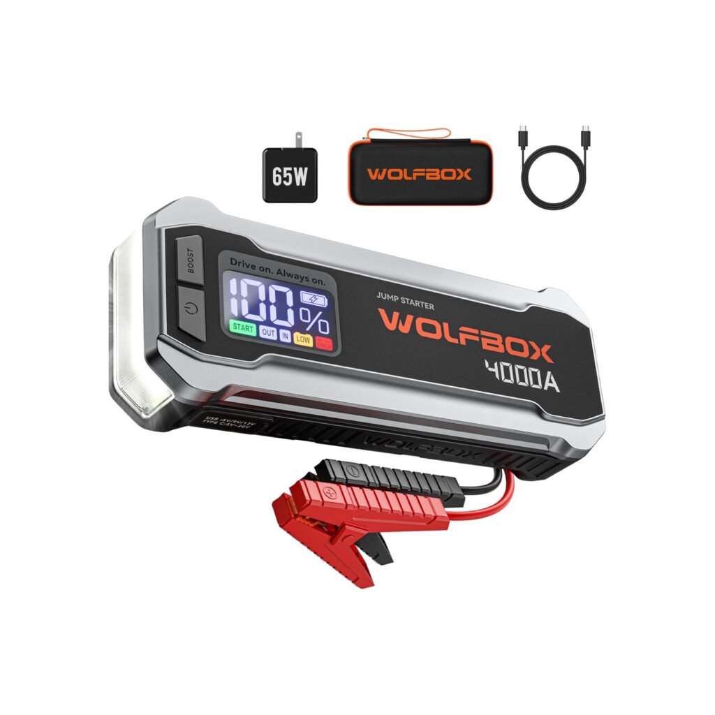 WOLFBOX 4000A con pantalla digital, pinzas inteligentes y accesorios incluidos como cable y cargador de 65W.