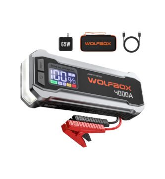 WOLFBOX 4000A con pantalla digital, pinzas inteligentes y accesorios incluidos como cable y cargador de 65W.