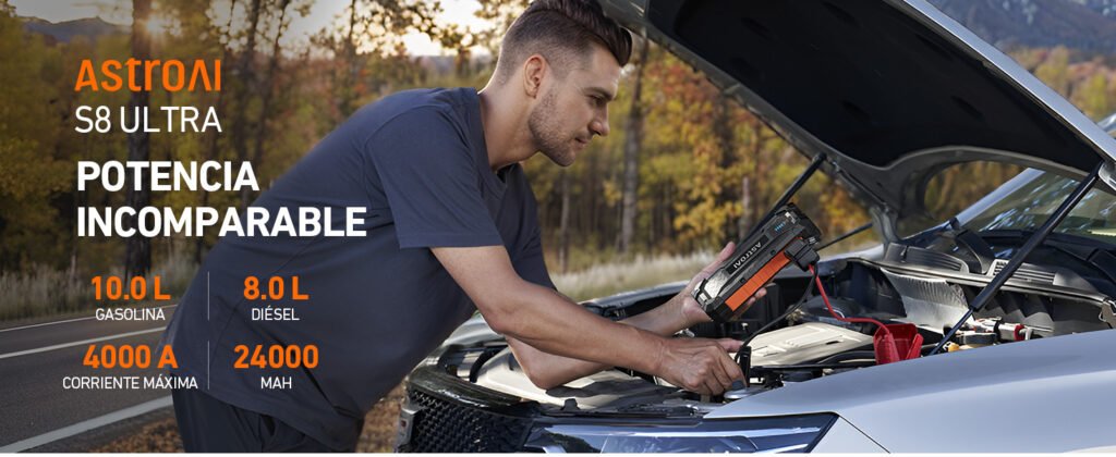 Arrancador AstroAI S8 Ultra con 4000A de pico y capacidad para motores de gasolina de hasta 10.0L y diésel de 8.0L