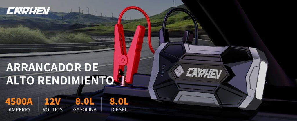CARHEV JS-06 en funcionamiento dentro del vehículo, mostrando su potencia de 4500A y 12V