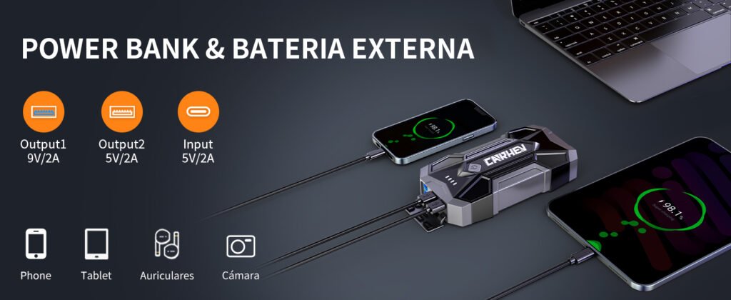 El arrancador CARHEV JS-06 usado como batería externa para móviles, tablets y cámaras