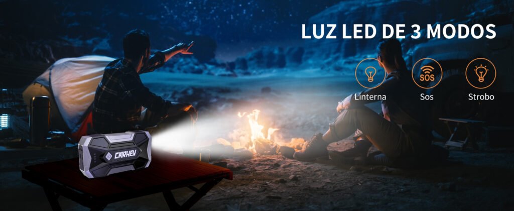 CARHEV JS-06 con linterna LED en tres modos: luz continua, SOS y estroboscópica para emergencias