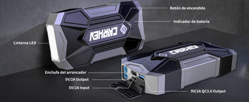 Vista detallada del CARHEV JS-06 con conexiones USB, linterna LED y botones