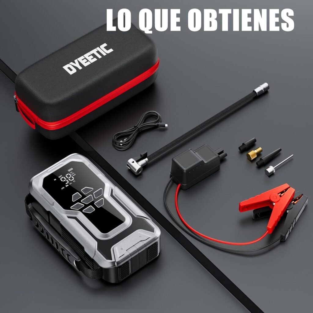 Contenido del pack DYEETIC 6000A: arrancador, cables, manguera de inflado, adaptadores y funda de transporte