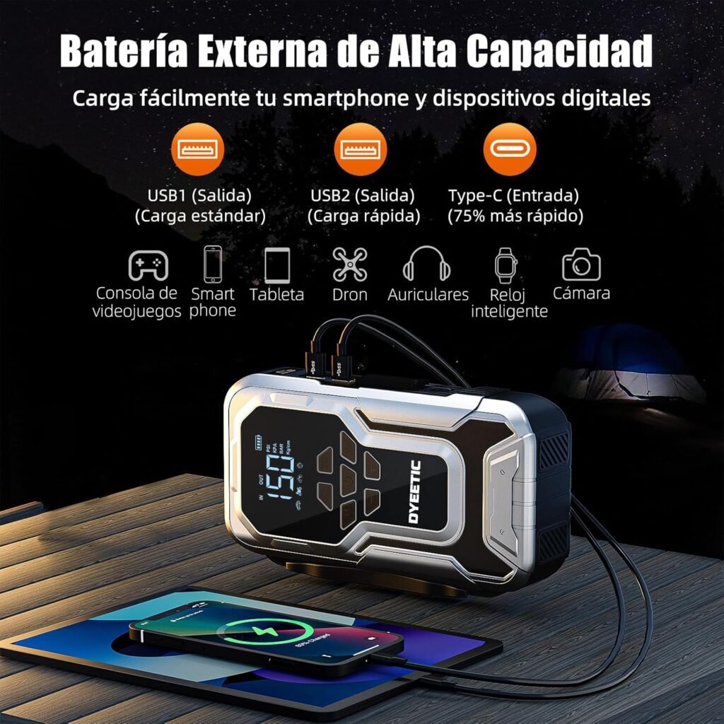 Uso del DYEETIC 6000A como batería externa de 21800 mAh para cargar móviles, tablets y accesorios electrónicos