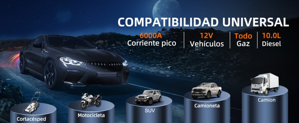 Compatibilidad del arrancador DYEETIC 6000A con coches, motos, SUV, camiones y cortacésped