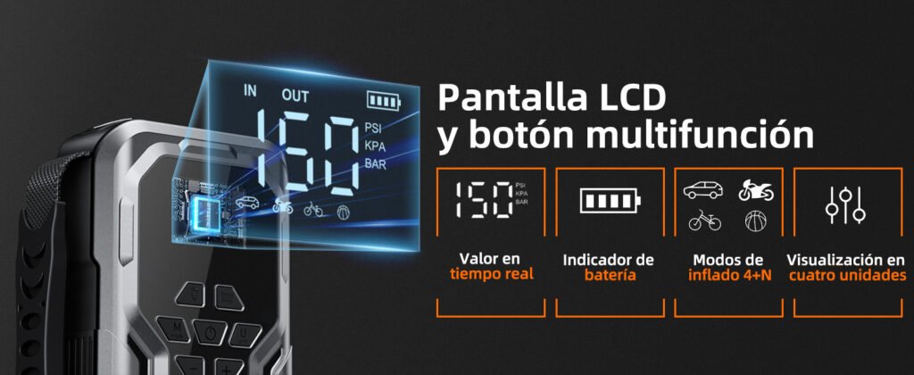 Pantalla LCD multifunción del DYEETIC 6000A mostrando presión en tiempo real y nivel de batería