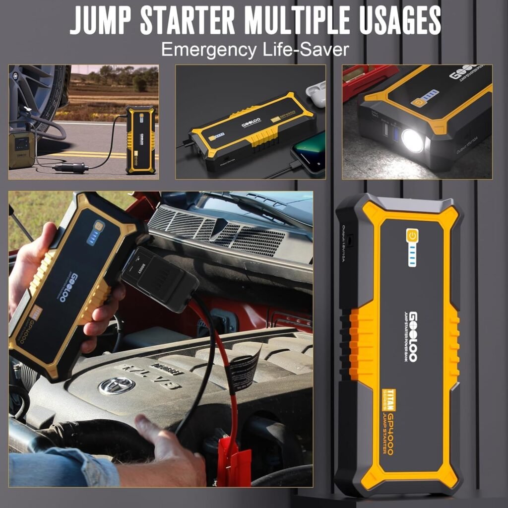 GOOLOO 4000A usos múltiples – Arrancador de batería portátil en diferentes situaciones: carga de dispositivos, arranque de coche y uso de linterna