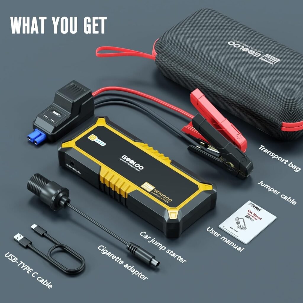 GOOLOO 4000A accesorios incluidos – Contenido del paquete: arrancador, pinzas, adaptador, cable USB-C, manual y funda de transporte