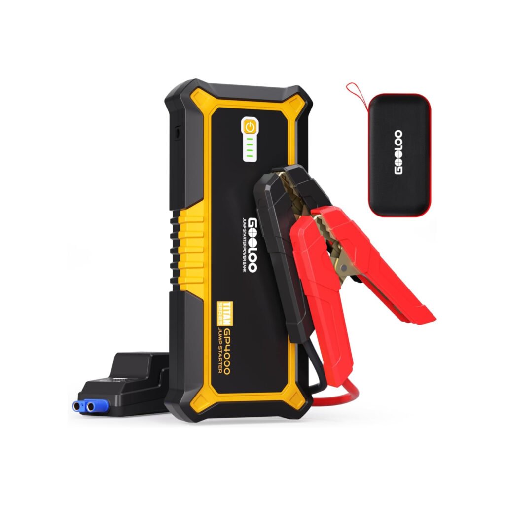 GOOLOO 4000A diseño compacto con pinzas – Vista del arrancador portátil con pinzas de conexión y funda de transporte incluida