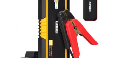 GOOLOO 4000A diseño compacto con pinzas – Vista del arrancador portátil con pinzas de conexión y funda de transporte incluida