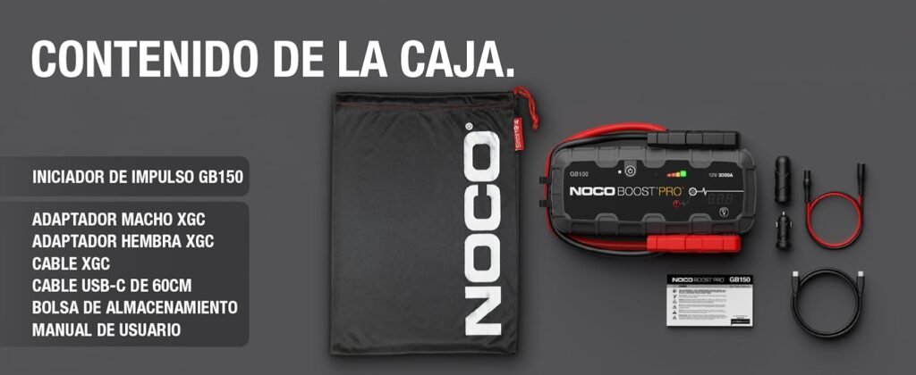 Contenido del paquete NOCO Boost GB150: iniciador de impulso, adaptadores XGC, cable USB-C, bolsa de transporte y manual