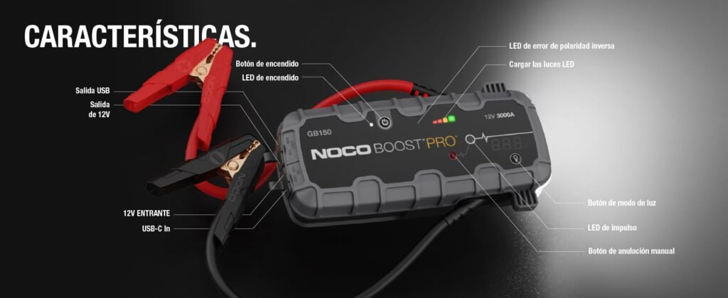 NOCO Boost Pro GB150 con entradas USB-C, salida 12V, botón de encendido y sistema de seguridad avanzado