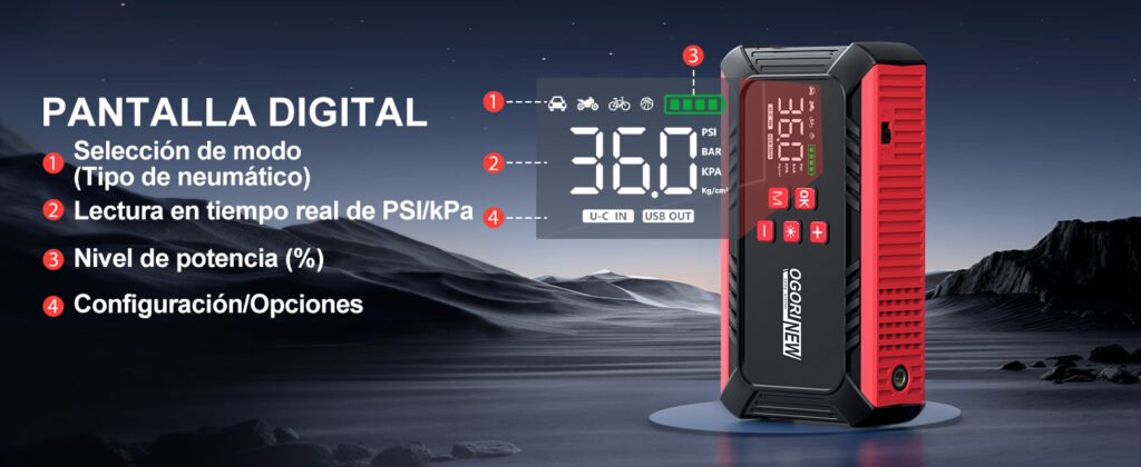 Pantalla digital del Ogori New B190 con lectura en tiempo real de presión y opciones de configuración