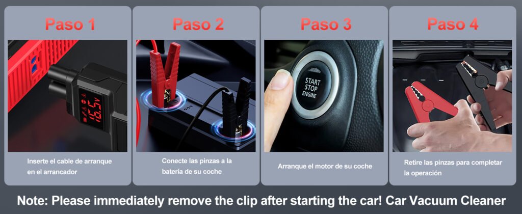 Guía de uso del Ogori New B190 para arrancar un coche: conectar pinzas, encender motor y retirar con seguridad.