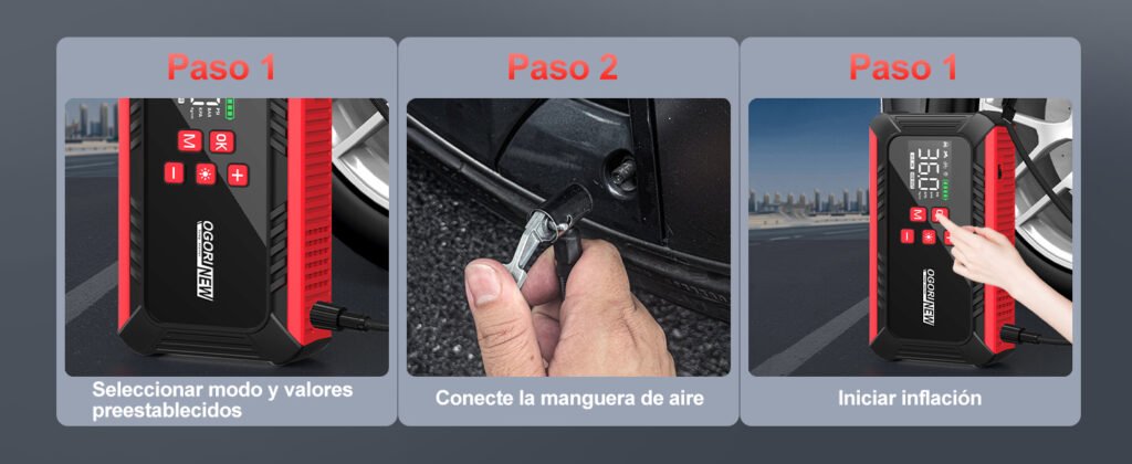 Instrucciones de inflado con Ogori New B190: conectar manguera, seleccionar presión y activar compresor