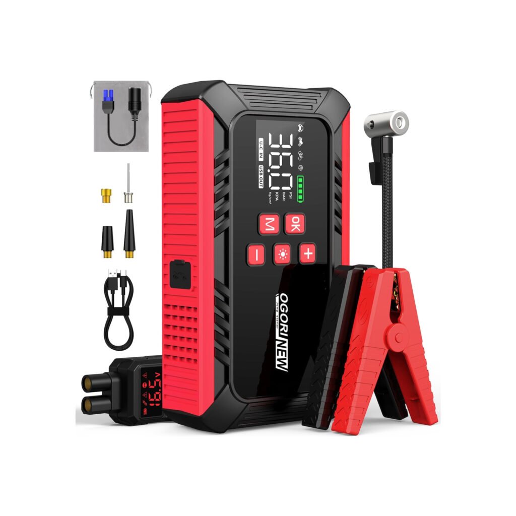 Arrancador portátil Ogori New B190 con compresor integrado, pinzas de arranque y pantalla digital LCD.