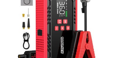 Arrancador portátil Ogori New B190 con compresor integrado, pinzas de arranque y pantalla digital LCD.