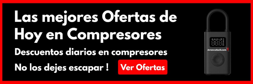 Banner promocional de ofertas diarias en compresores de aire portatiles en Arrancafacil.com, con enlace directo a Amazon para encontrar descuentos exclusivos
